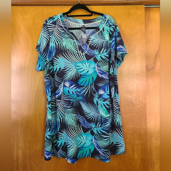 Swimsuits For All Blue and Green Leaf Swim Cover-Up - Picture 1 of 2